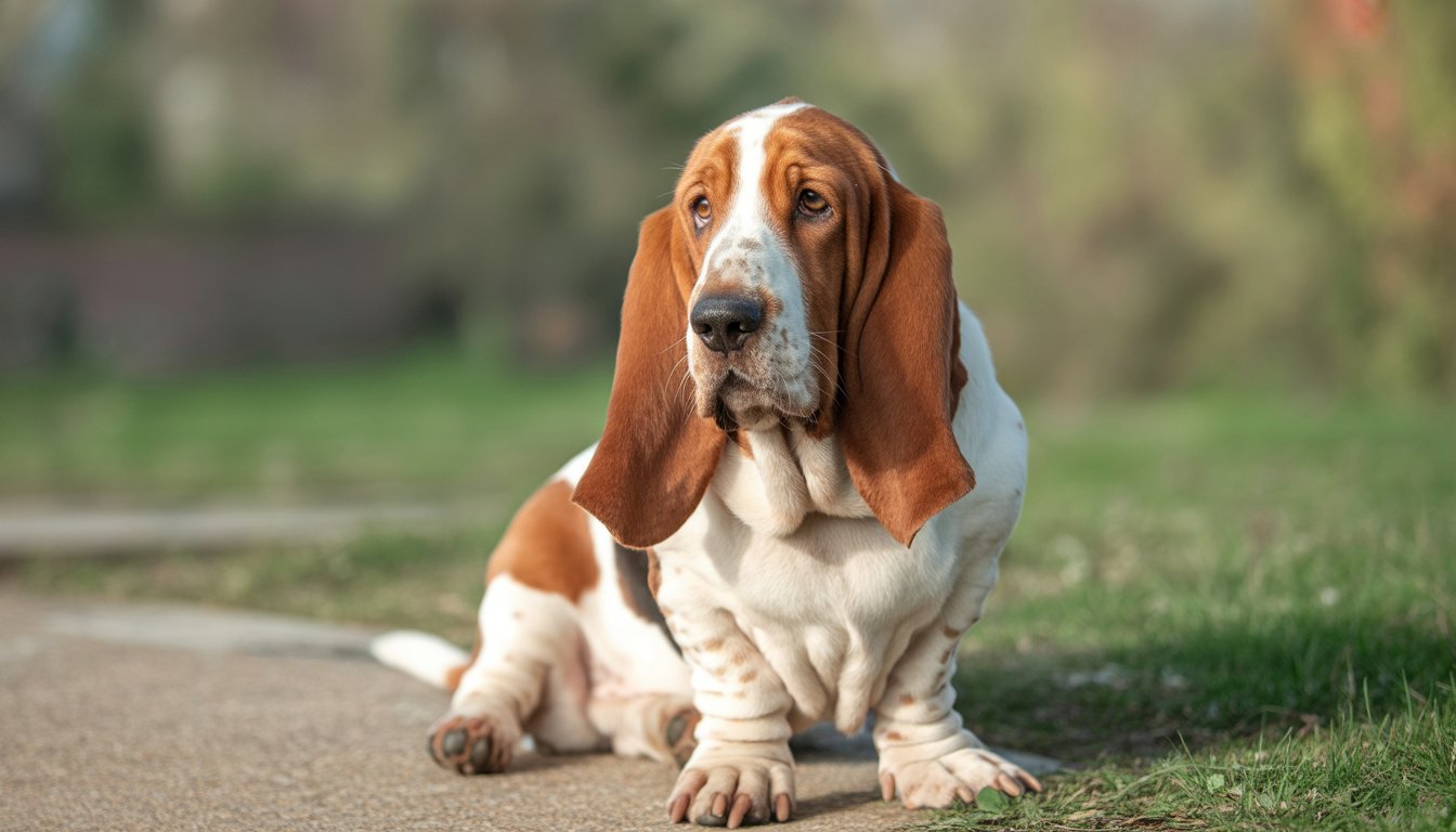 A Basset Hound dog with long floppy ears standing outdoors on grass.
