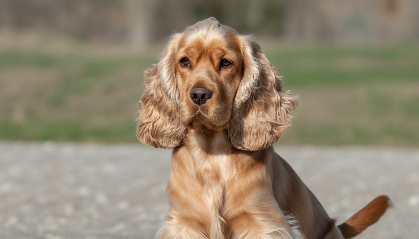 A Cocker Spaniel dog with floppy ears sitting outdoors, looking calm and attentive.