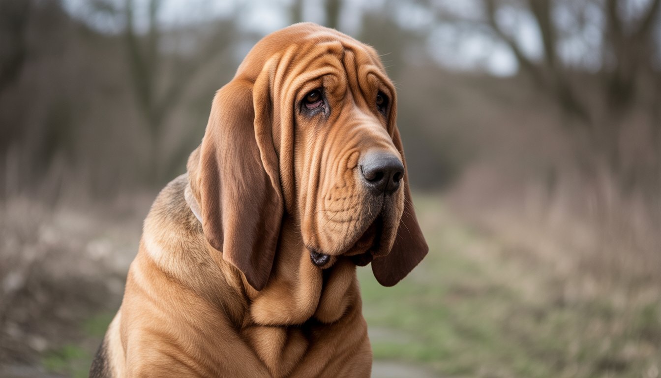 A Bloodhound dog with large floppy ears sitting outdoors, looking attentively forward.