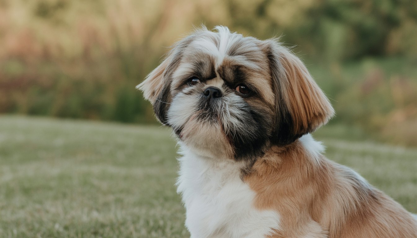 A single Shih Tzu dog with floppy ears sitting outdoors on grass with greenery in the background.