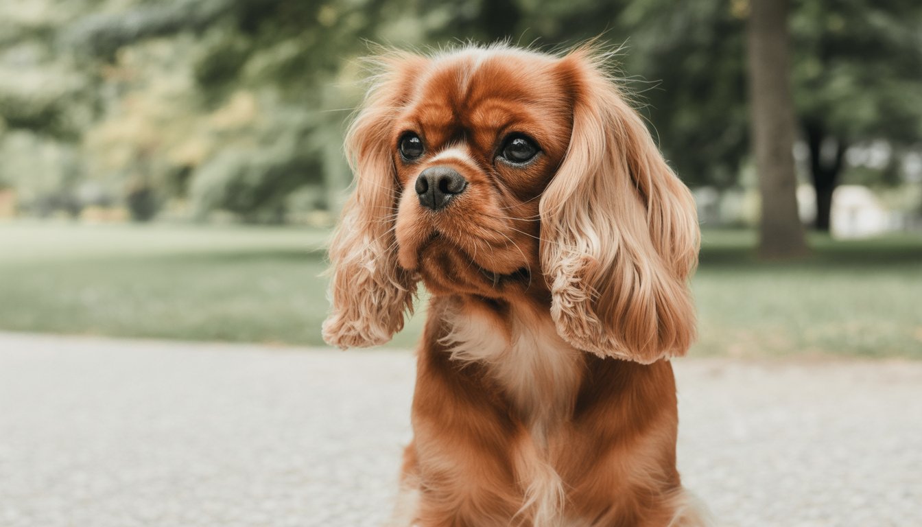 A close-up photo of a Cavalier King Charles Spaniel dog with floppy ears sitting outdoors with blurred greenery in the background.