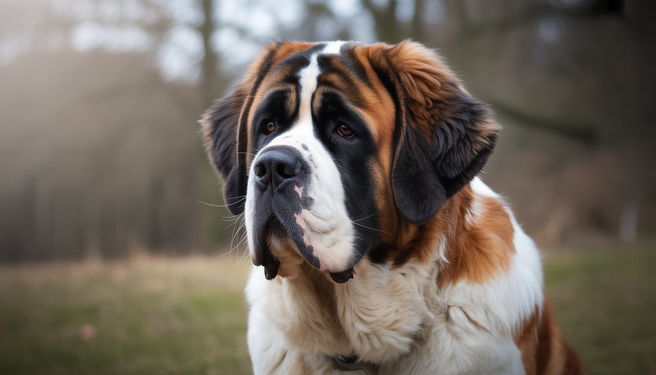 A Saint Bernard dog with floppy ears standing outdoors in natural light.