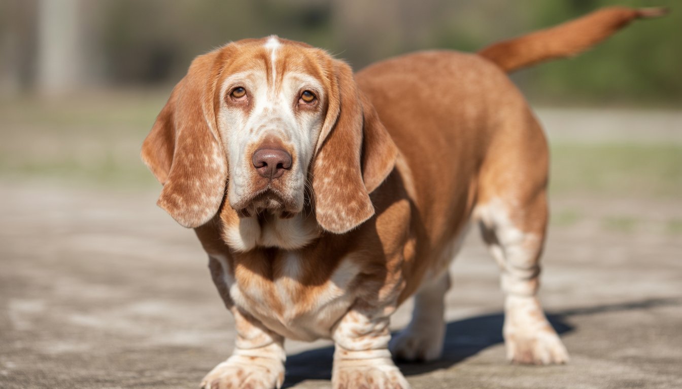 A Basset Fauve de Bretagne dog with floppy ears standing outdoors on grass.