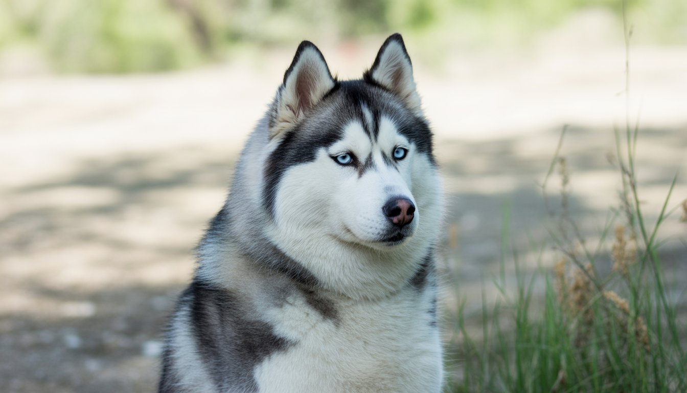 A close-up photo of a Siberian Husky dog with blue eyes outdoors in a natural setting.
