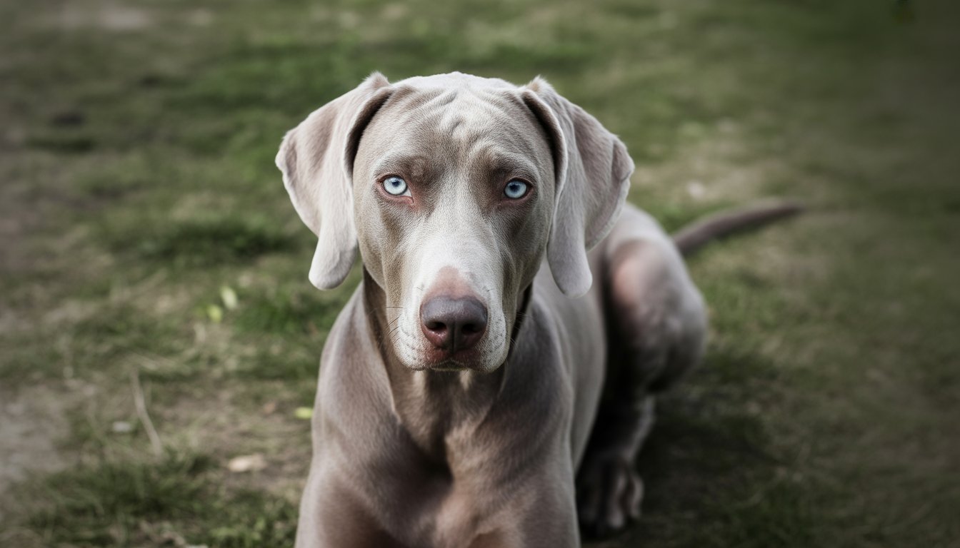 A Weimaraner dog with blue eyes sitting on grass outdoors, looking directly at the camera.