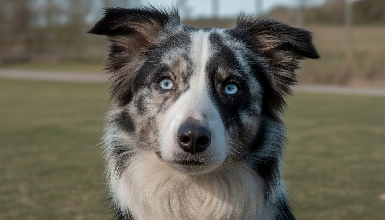 Close-up photo of a Border Collie dog with blue eyes looking attentively, outdoors with a blurred natural background.