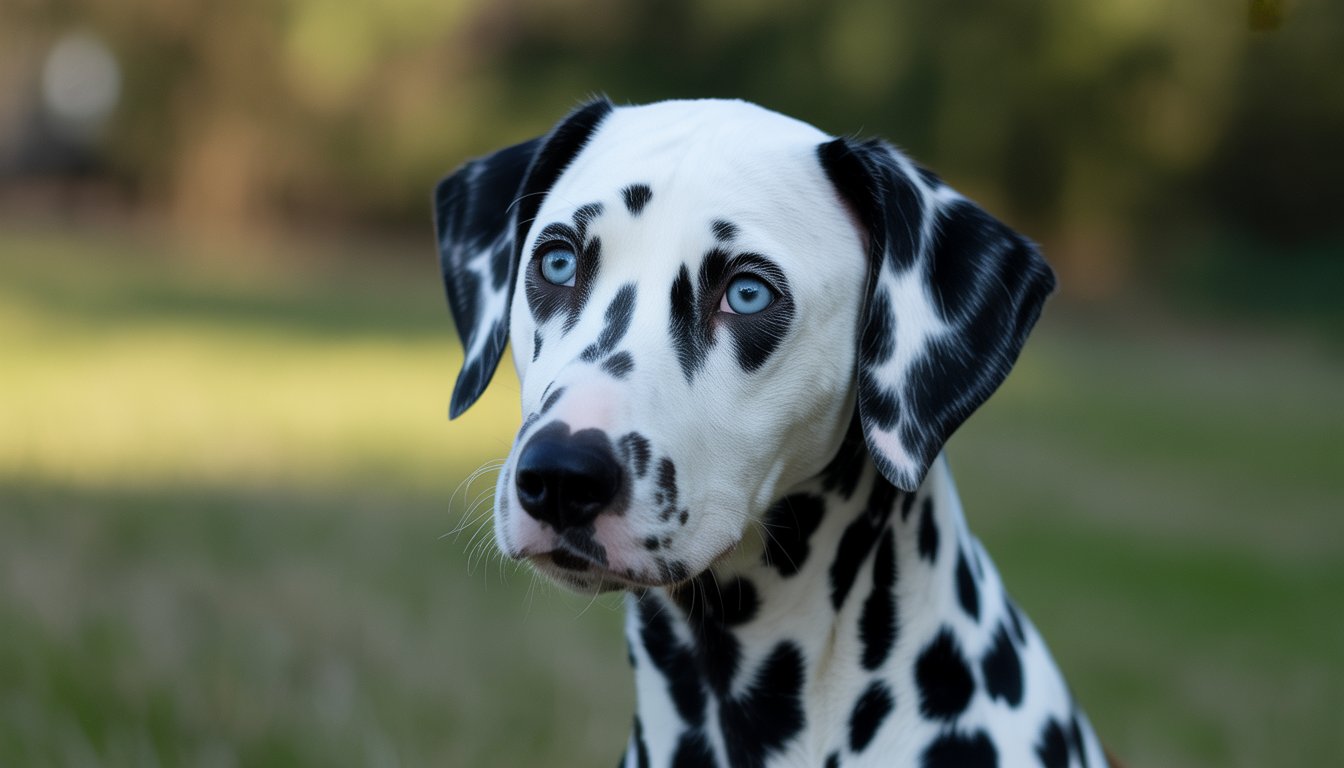 A Dalmatian dog with blue eyes standing outdoors with a blurred background.