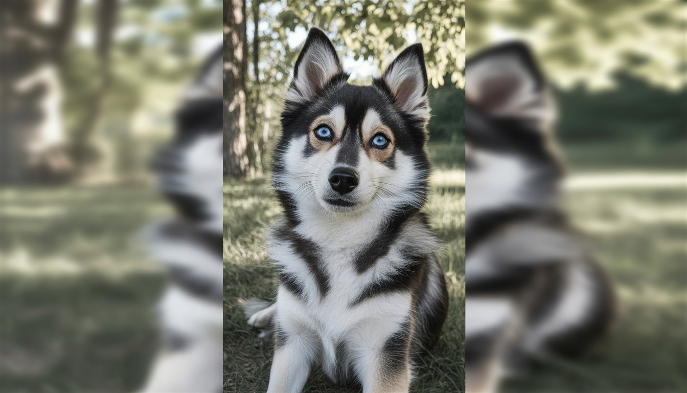 A close-up photo of an Alaskan Klee Kai dog with blue eyes sitting outdoors on grass with trees in the background.