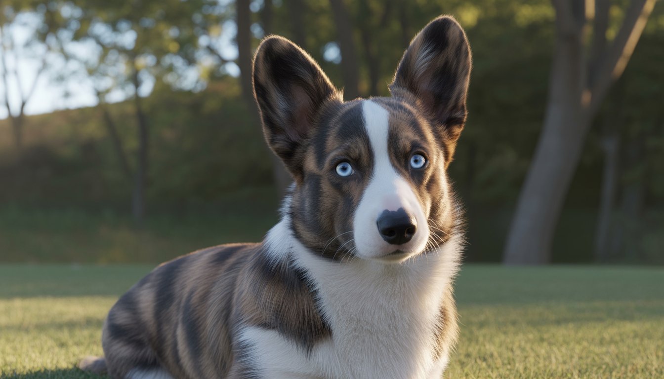 A Cardigan Welsh Corgi dog with blue eyes sitting on grass outdoors with trees in the background.