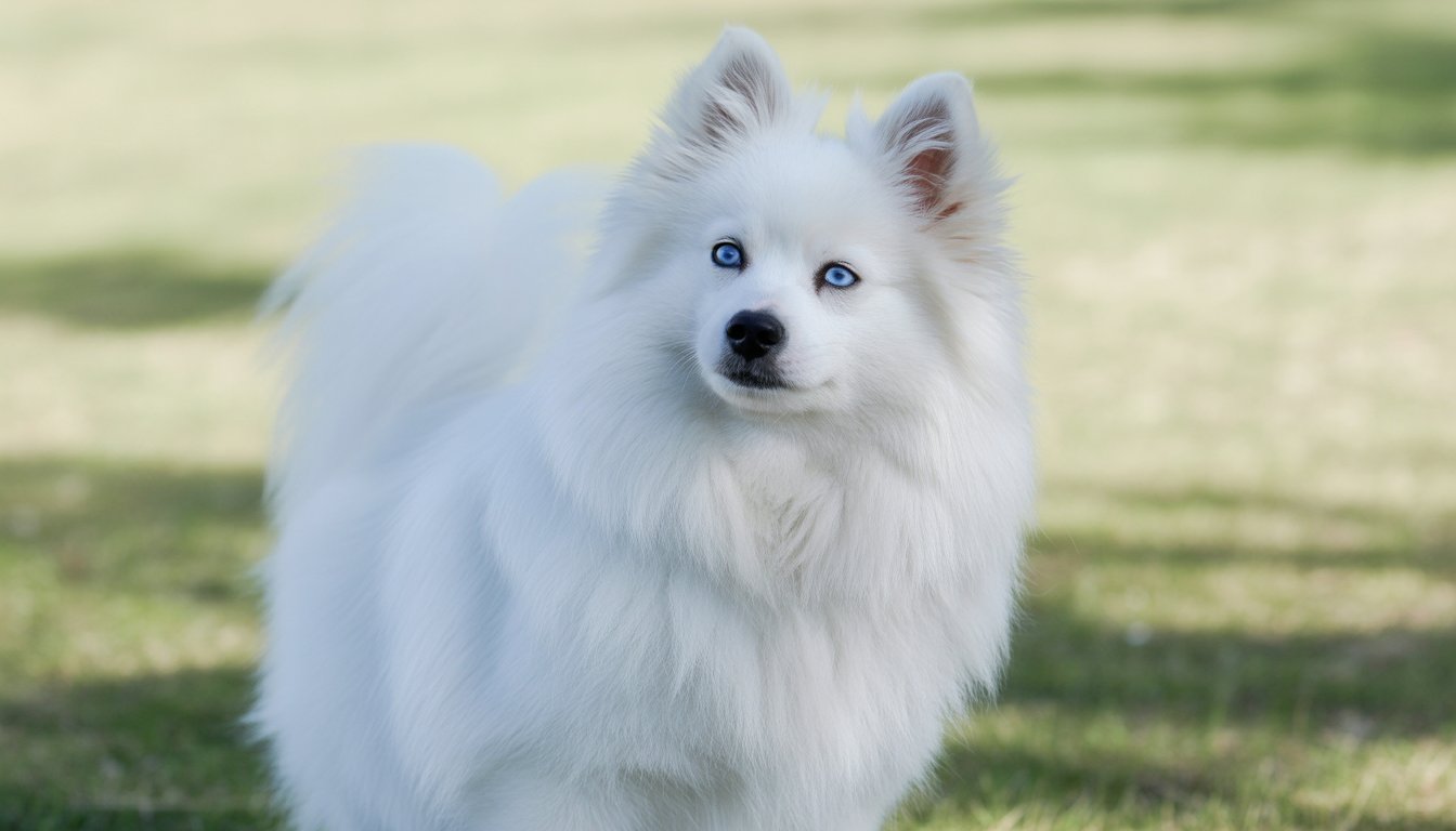 An American Eskimo Dog with blue eyes sitting on grass outdoors, looking alert and friendly.