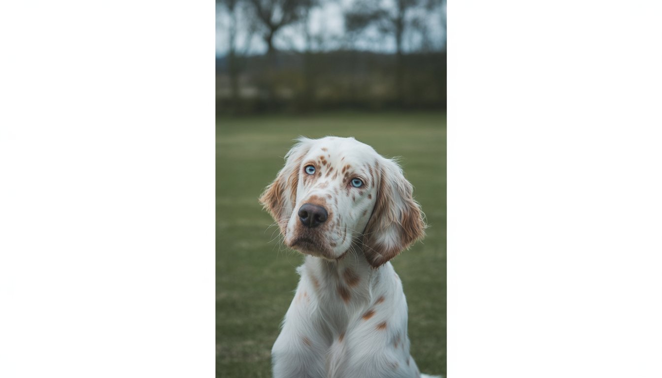 An English Setter dog with blue eyes sitting on grass outdoors with trees in the background.