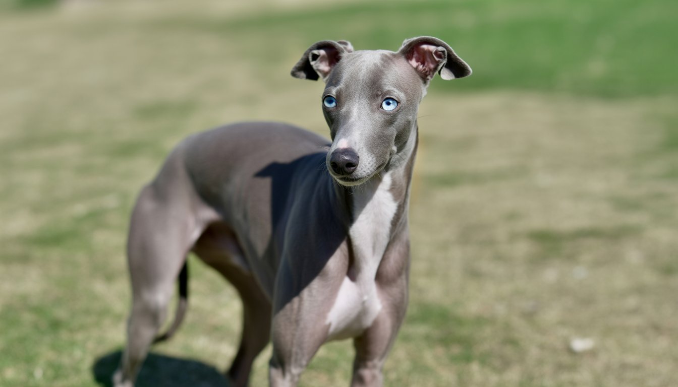 A single Italian Greyhound dog with blue eyes standing on grass outdoors.