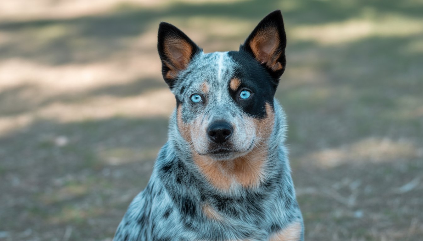 Close-up photo of an Australian Cattle Dog with blue eyes looking attentively.