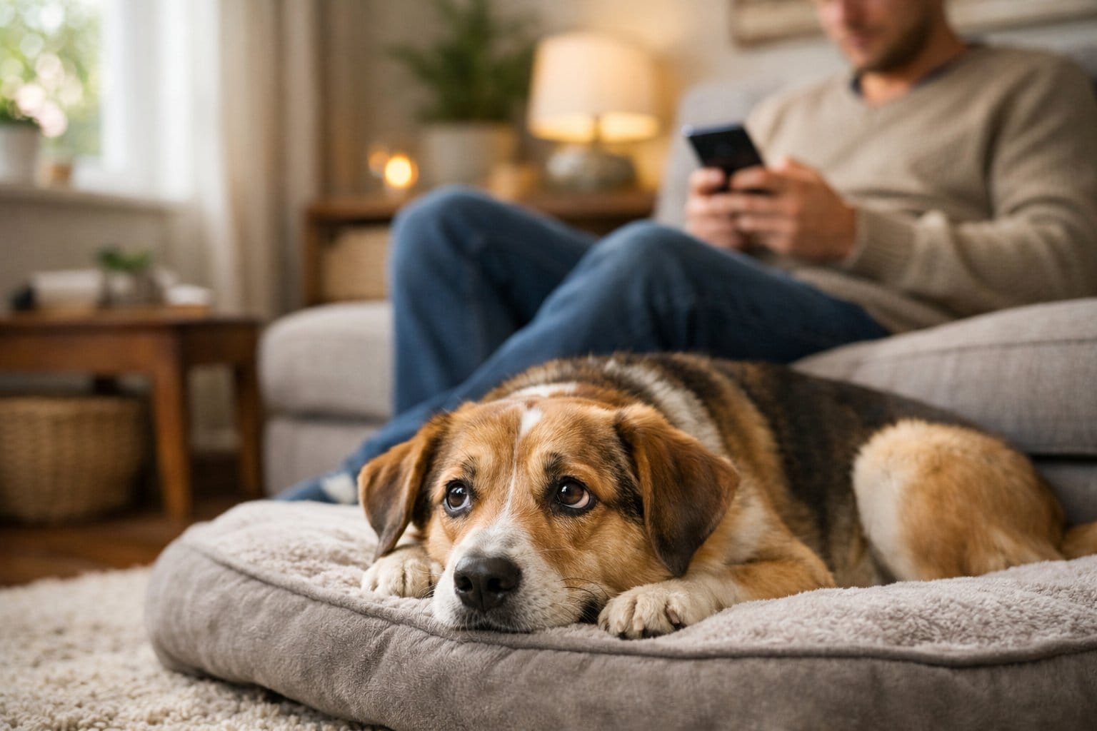 A dog lying on the floor looking sadly at its owner who is focused on a device in a living room.