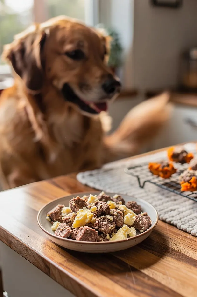 Same dog food photoshoot, same home kitchen, same natural window light, same smartphone camera style