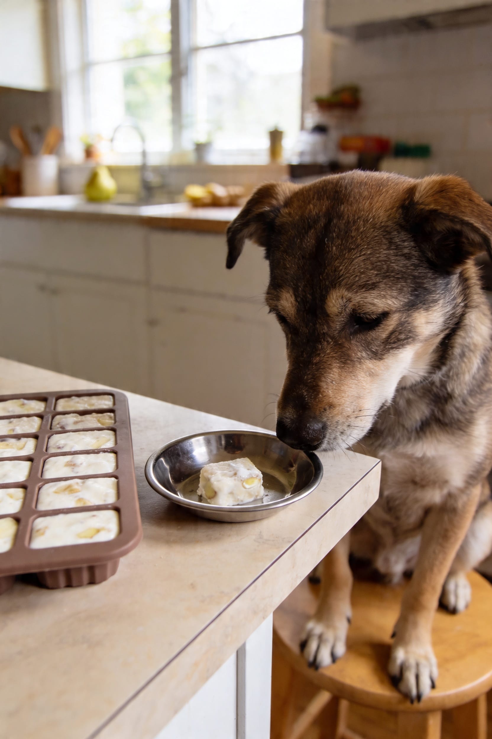 Same dog food photoshoot, same home kitchen, same natural window light, same smartphone camera style