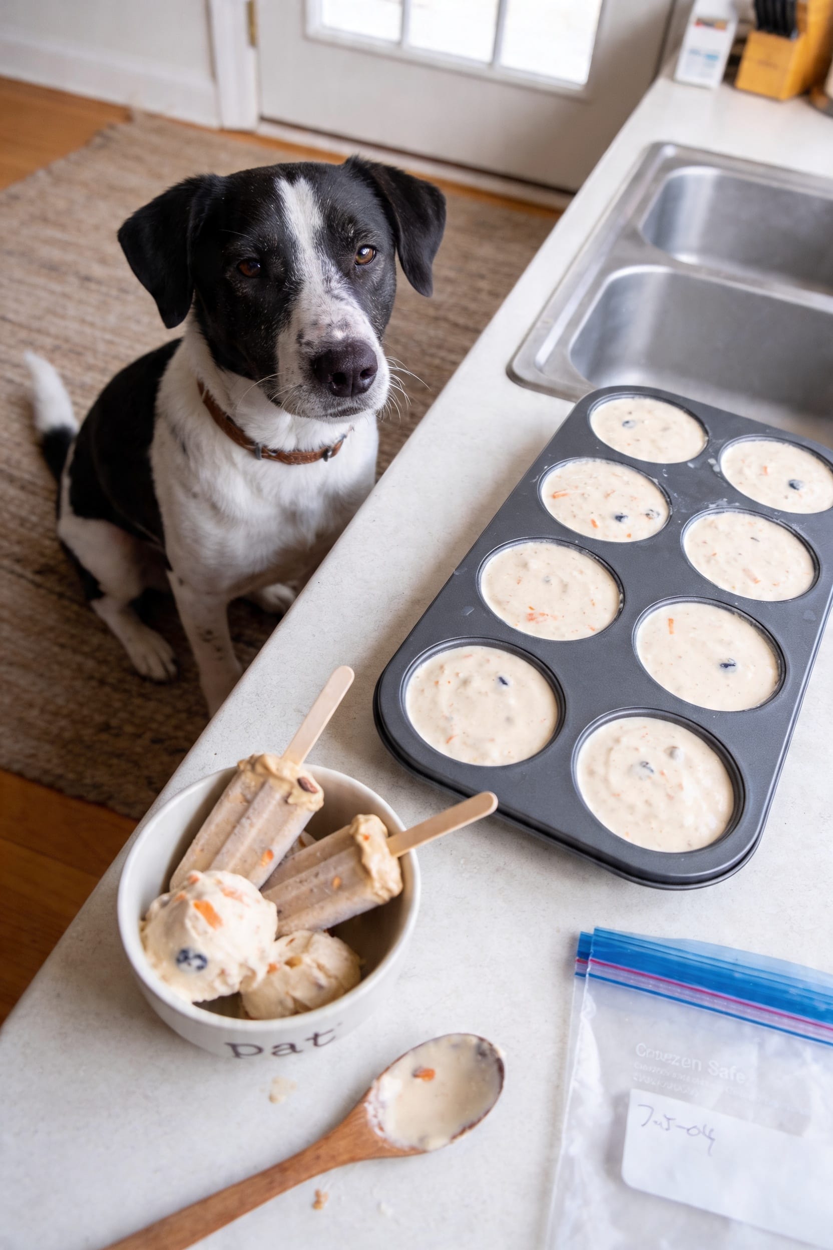 Same dog food photoshoot, same home kitchen, same natural window light, same smartphone camera style