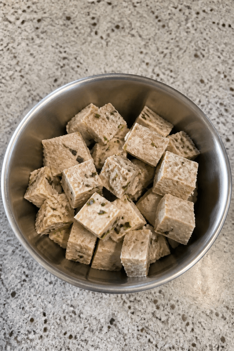 Frozen goat milk and tuna cubes