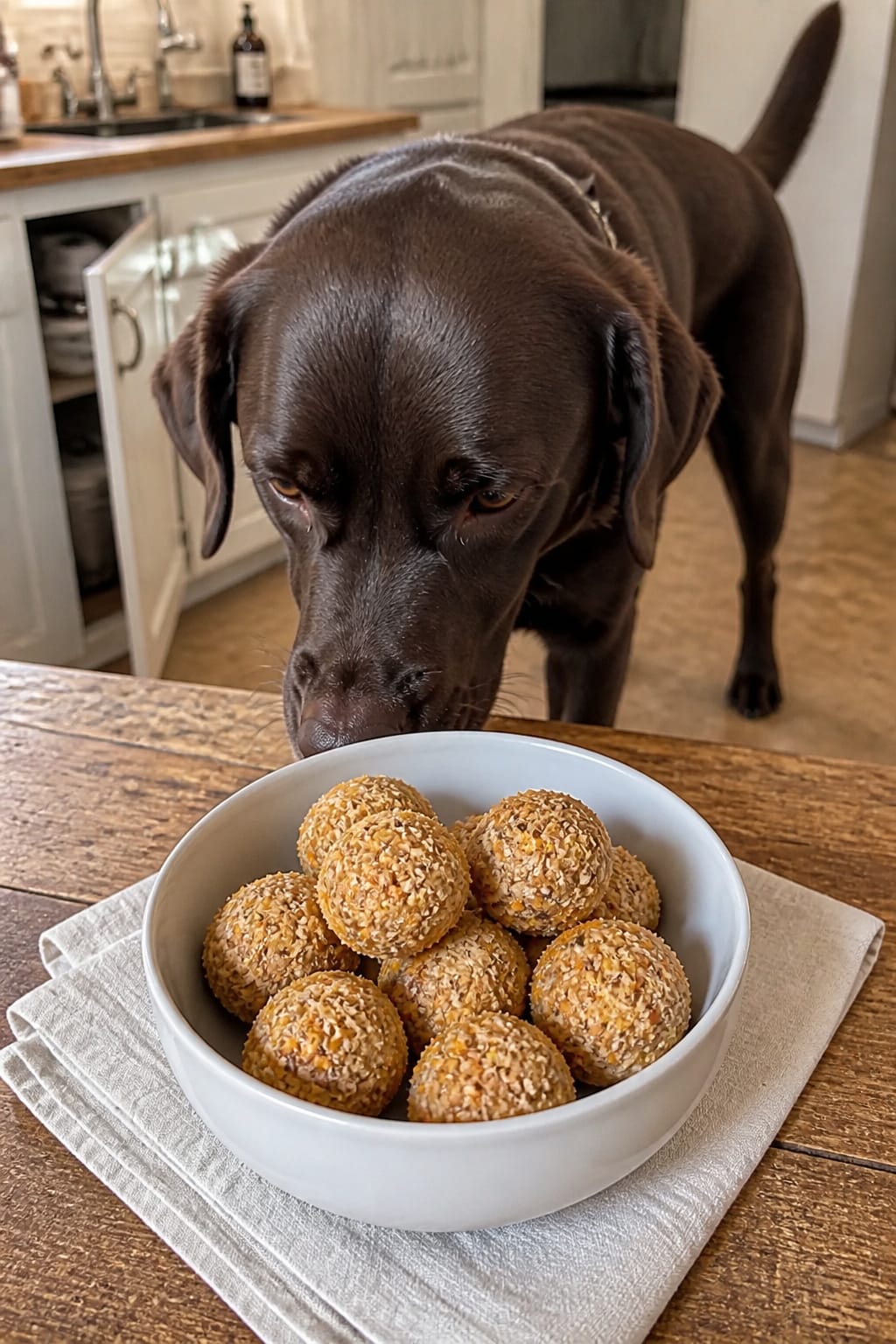 Same pet recipe photoshoot, same home kitchen, same natural window light, same smartphone camera sty