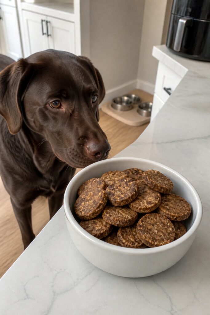 Same pet recipe photoshoot, same home kitchen, same natural window light, same smartphone camera sty