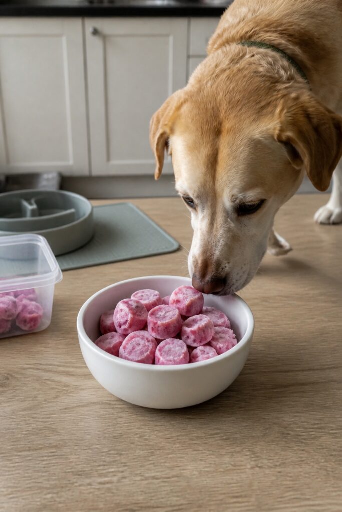 Same pet recipe photoshoot, same home kitchen, same natural window light, same smartphone camera sty