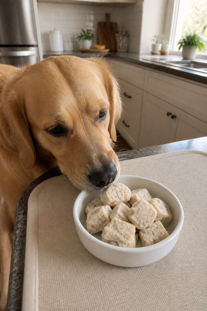 Same pet recipe photoshoot, same home kitchen, same natural window light, same smartphone camera sty