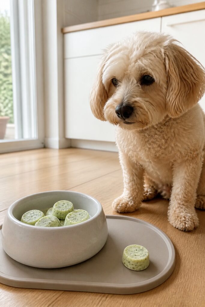 Same pet recipe photoshoot, same home kitchen, same natural window light, same smartphone camera sty