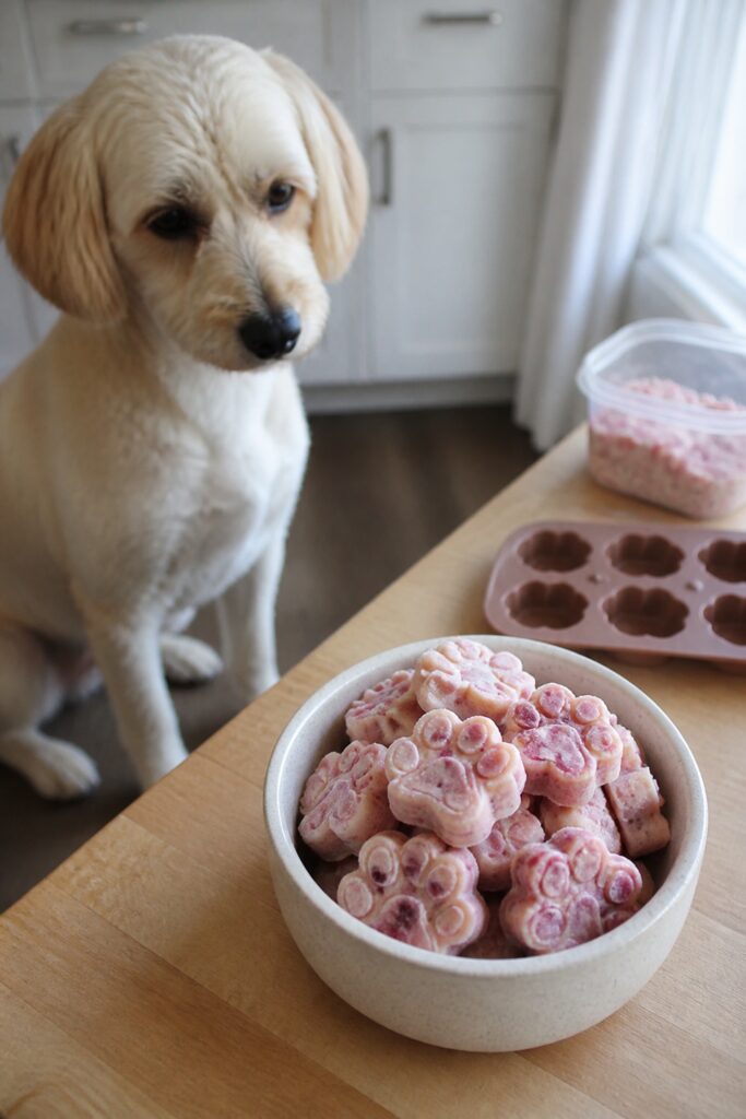 Same pet recipe photoshoot, same home kitchen, same natural window light, same smartphone camera sty
