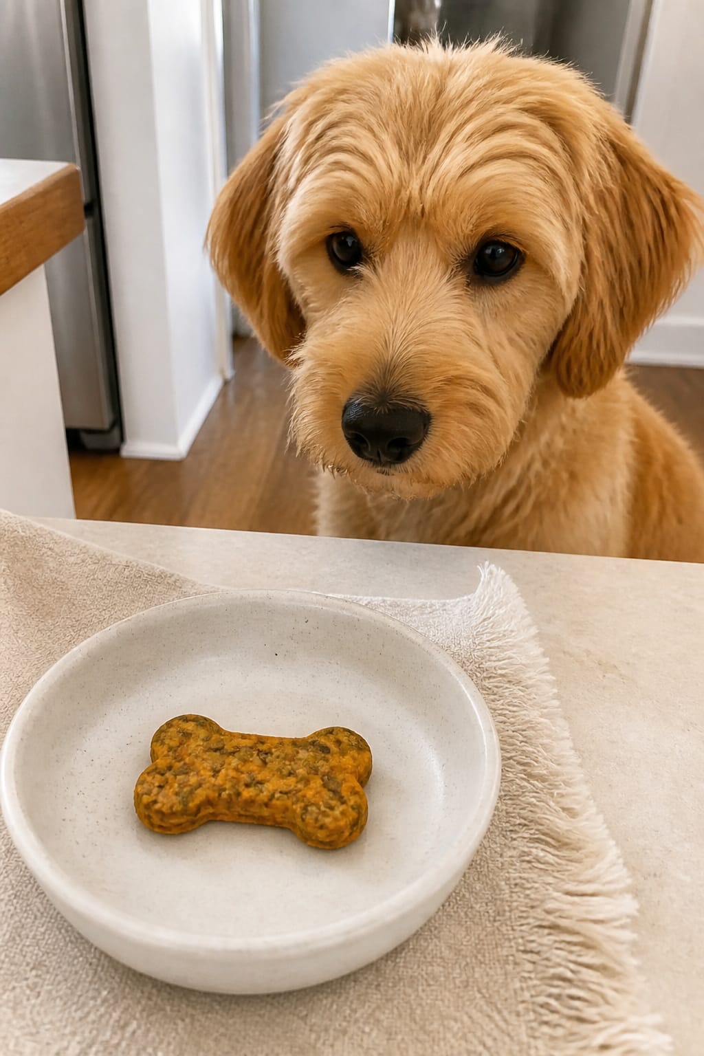 Same pet recipe photoshoot, same home kitchen, same natural window light, same smartphone camera sty