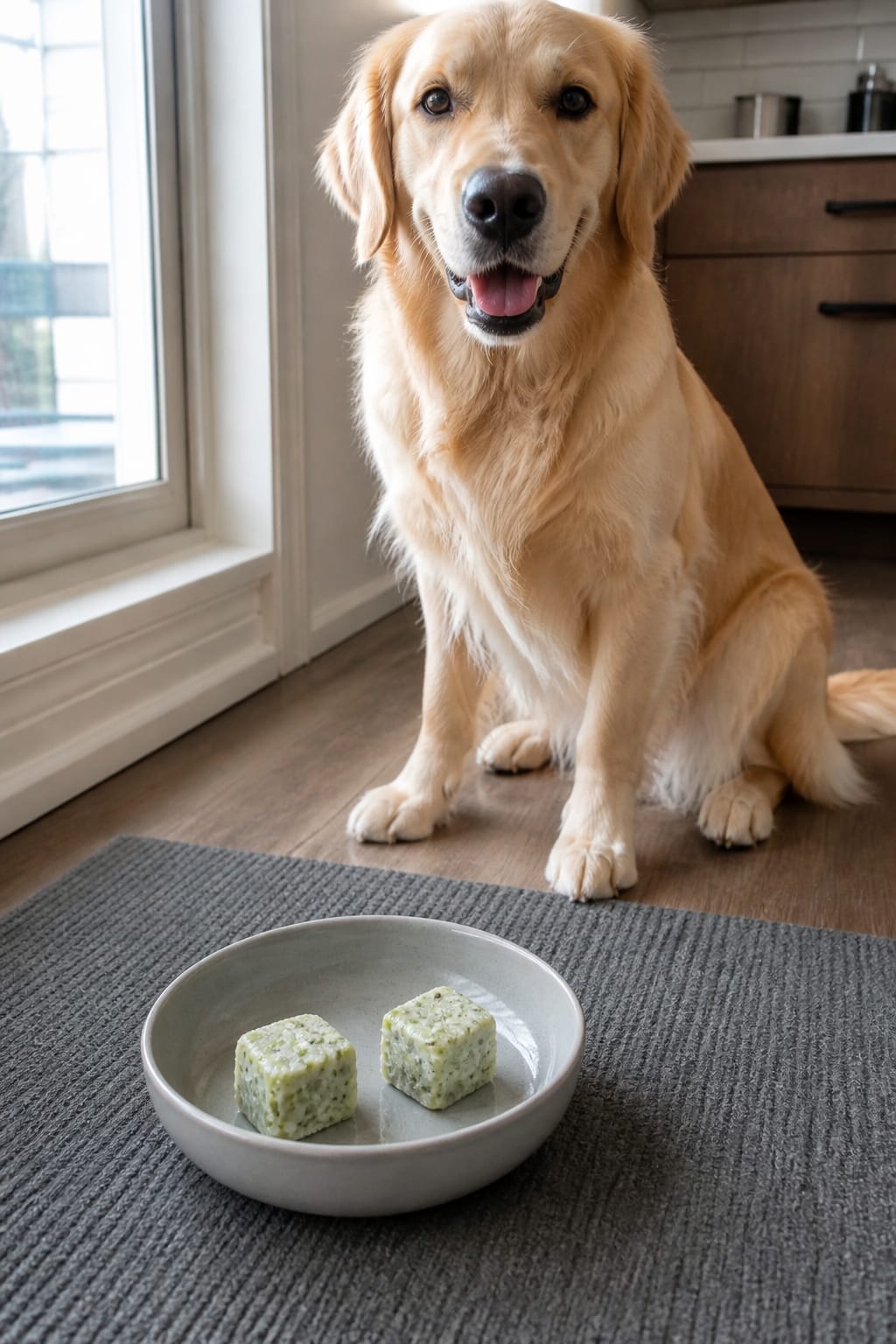 Same pet recipe photoshoot, same home kitchen, same natural window light, same smartphone camera sty
