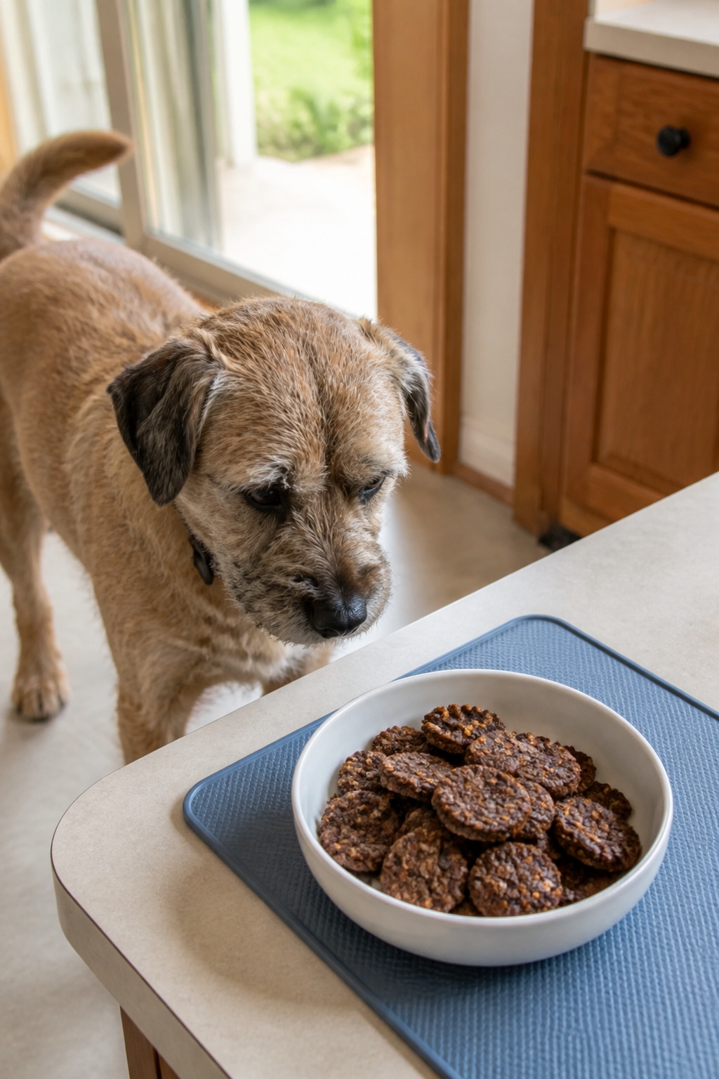 Same pet recipe photoshoot, same home kitchen, same natural window light, same smartphone camera sty
