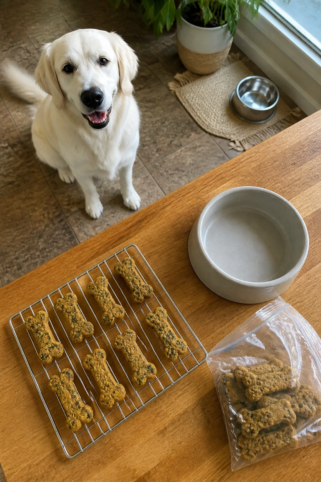 Same pet recipe photoshoot, same home kitchen, same natural window light, same smartphone camera sty