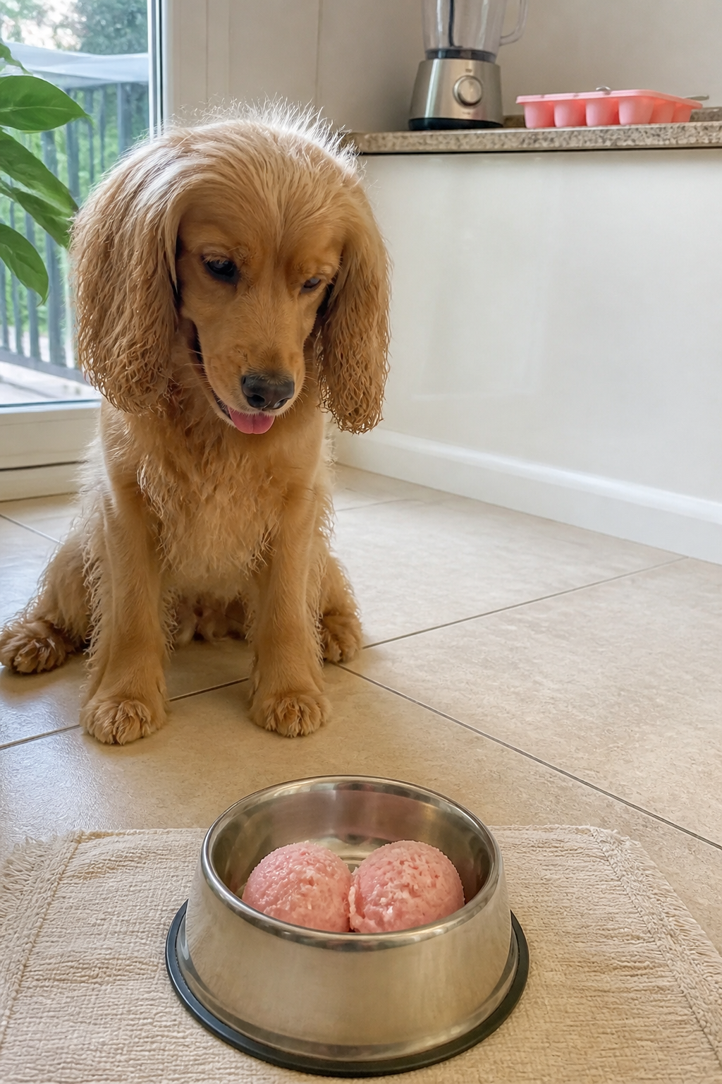 Same pet recipe photoshoot, same home kitchen, same natural window light, same smartphone camera sty