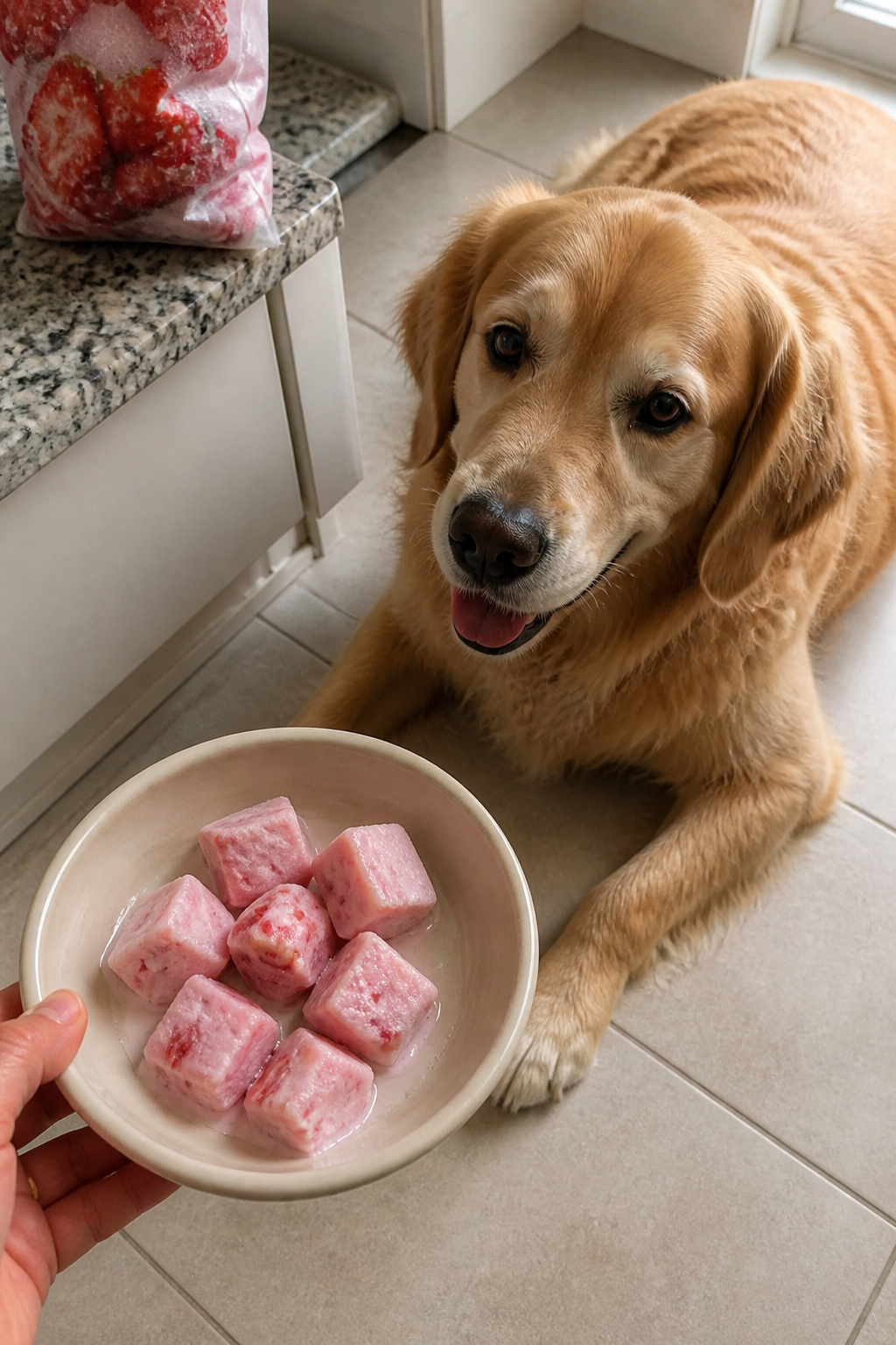 Same pet recipe photoshoot, same home kitchen, same natural window light, same smartphone camera sty