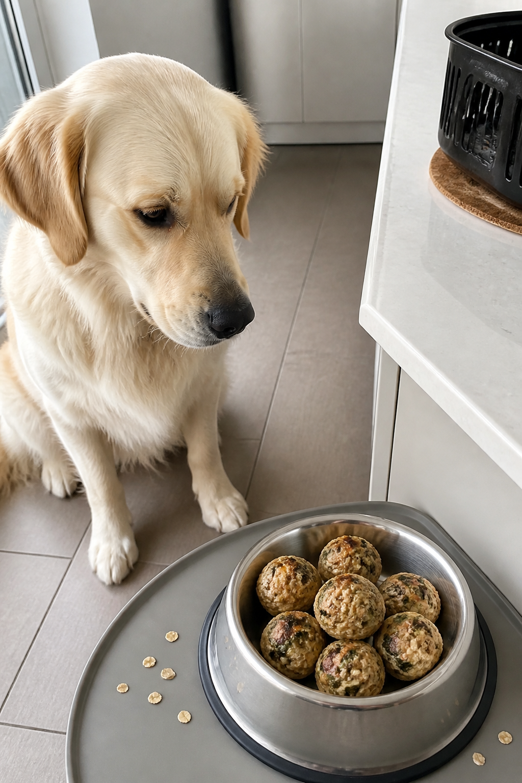 Same pet recipe photoshoot, same home kitchen, same natural window light, same smartphone camera sty