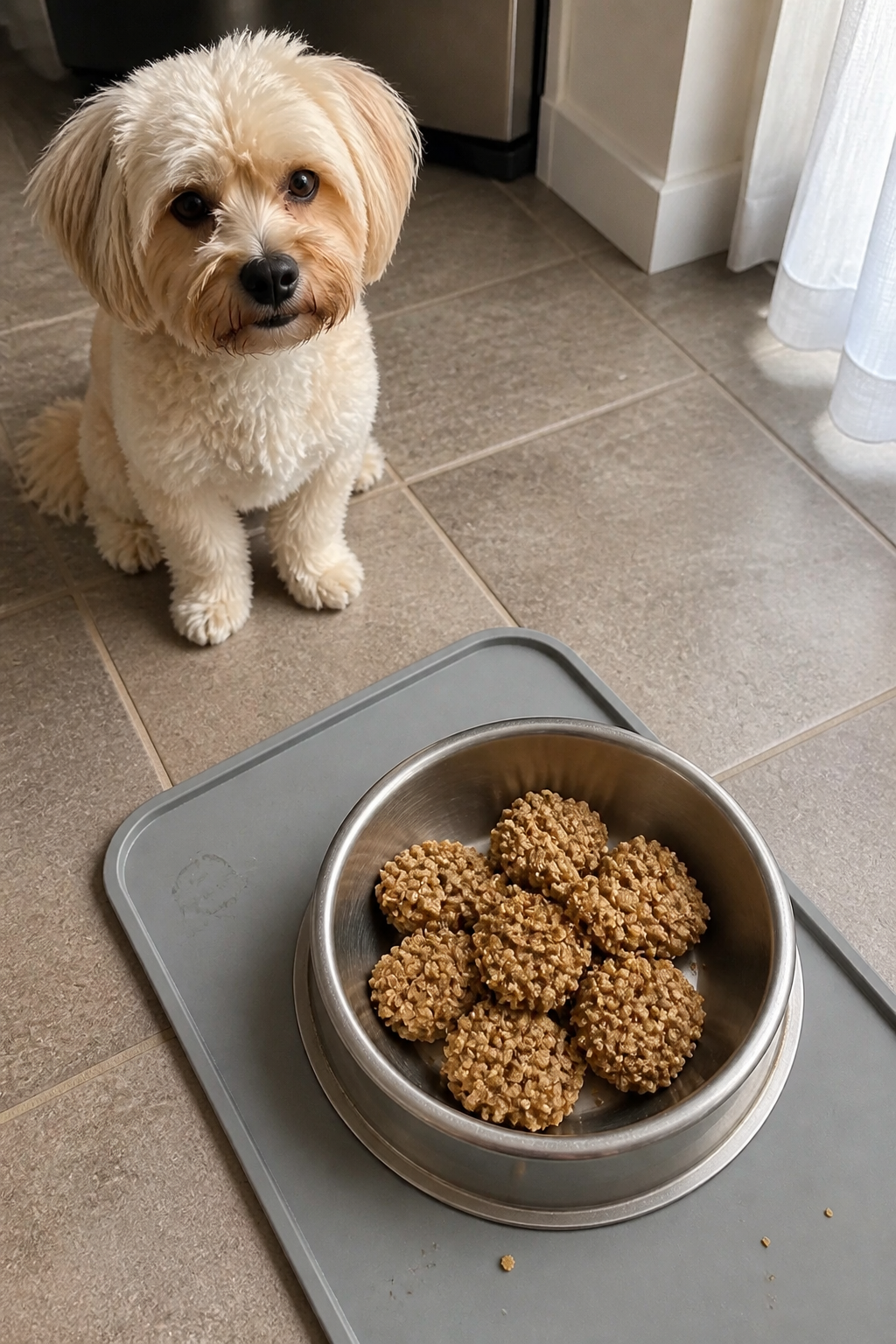 Same pet recipe photoshoot, same home kitchen, same natural window light, same smartphone camera sty