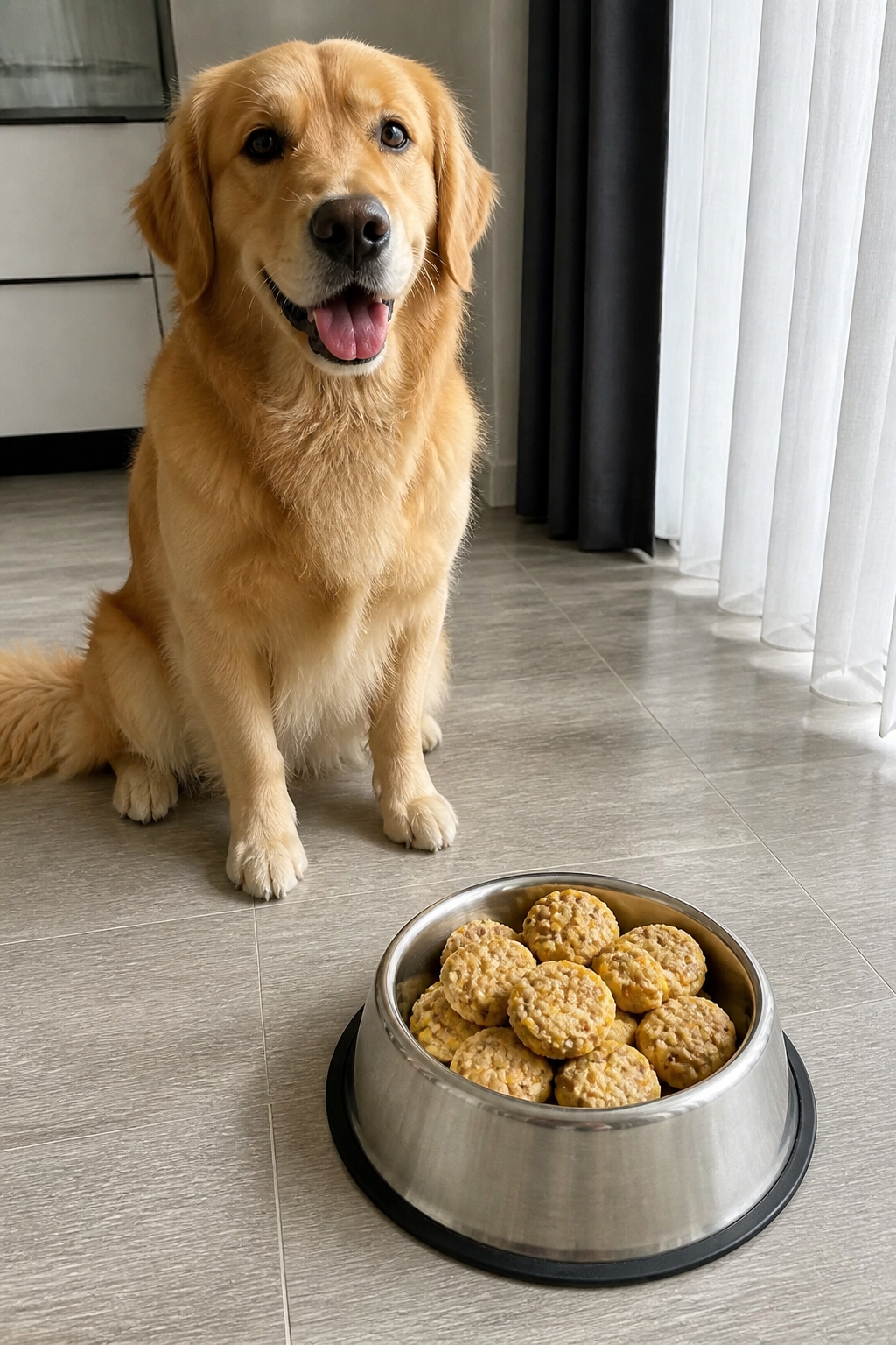 Same pet recipe photoshoot, same home kitchen, same natural window light, same smartphone camera sty