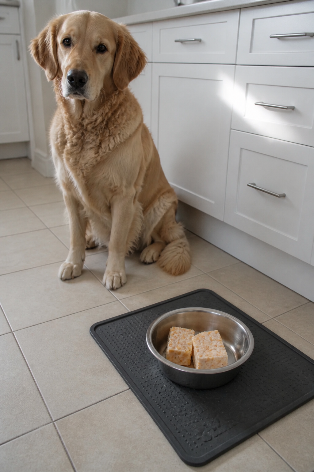 Same pet recipe photoshoot, same home kitchen, same natural window light, same smartphone camera sty