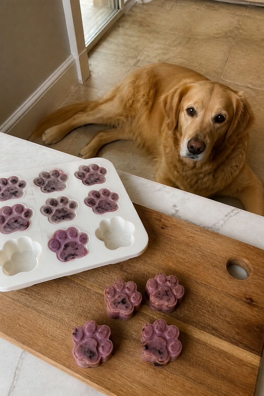 Same pet recipe photoshoot, same home kitchen, same natural window light, same smartphone camera sty