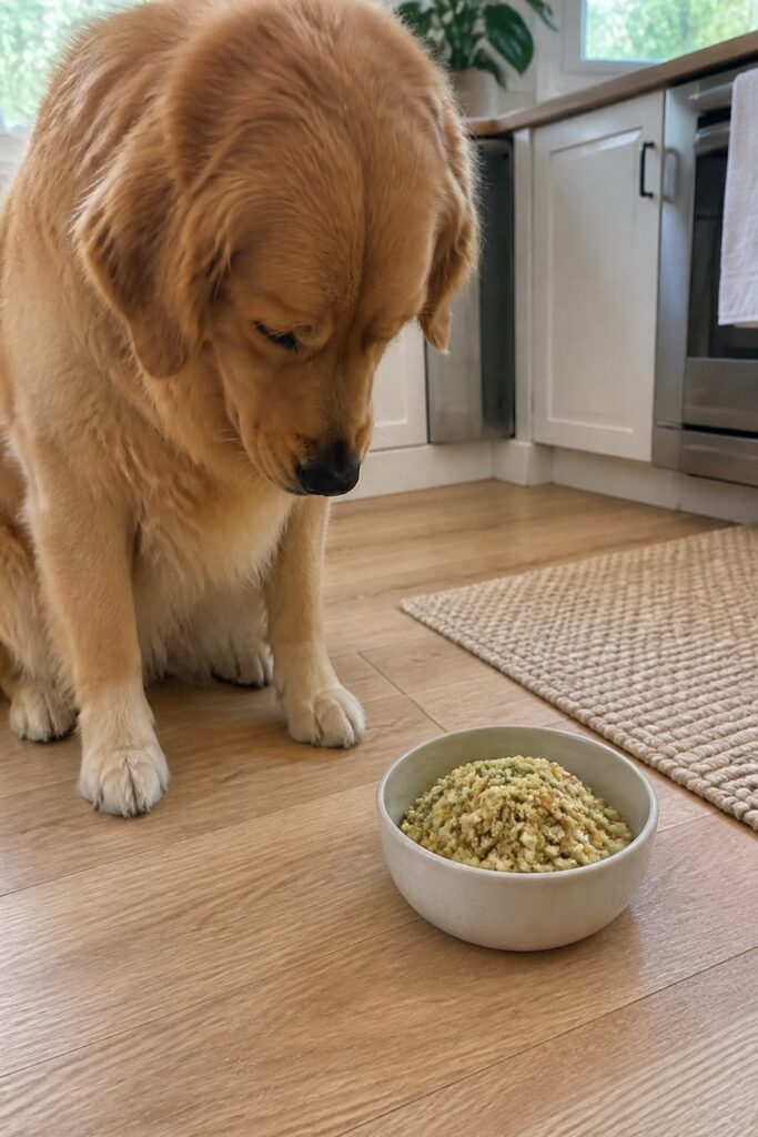 Same pet recipe photoshoot, same home kitchen, same natural window light, same smartphone camera sty