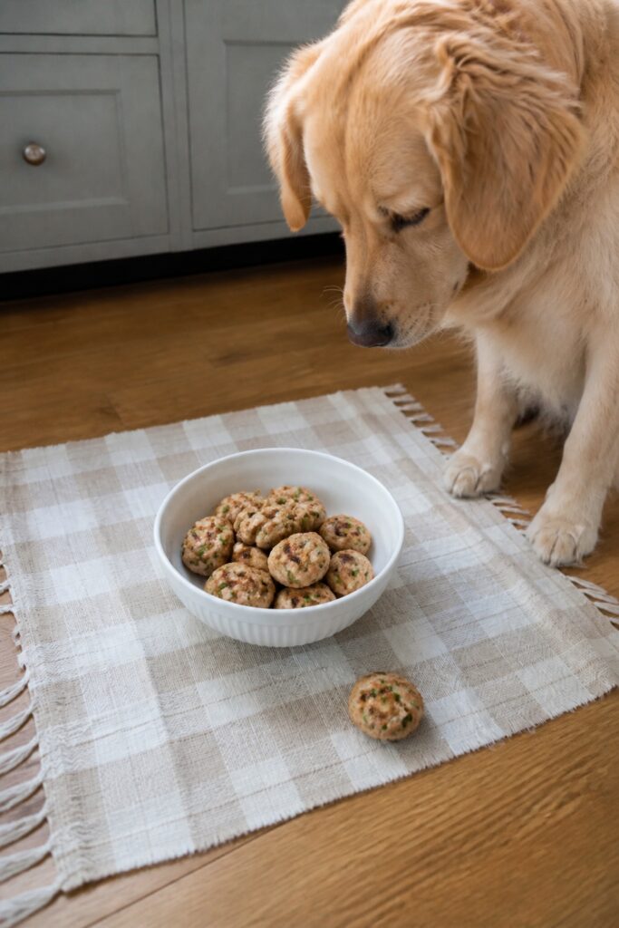 Same pet recipe photoshoot, same home kitchen, same natural window light, same smartphone camera sty