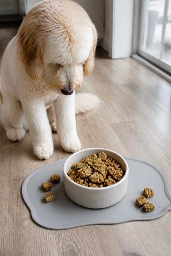 Same pet recipe photoshoot, same home kitchen, same natural window light, same smartphone camera sty