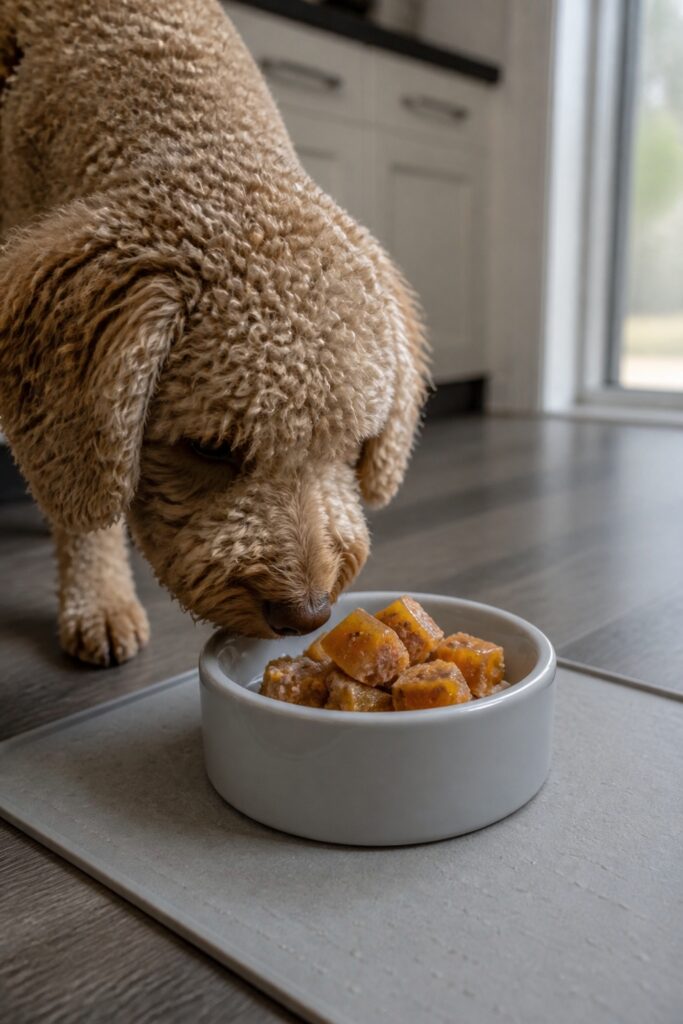 Same pet recipe photoshoot, same home kitchen, same natural window light, same smartphone camera sty
