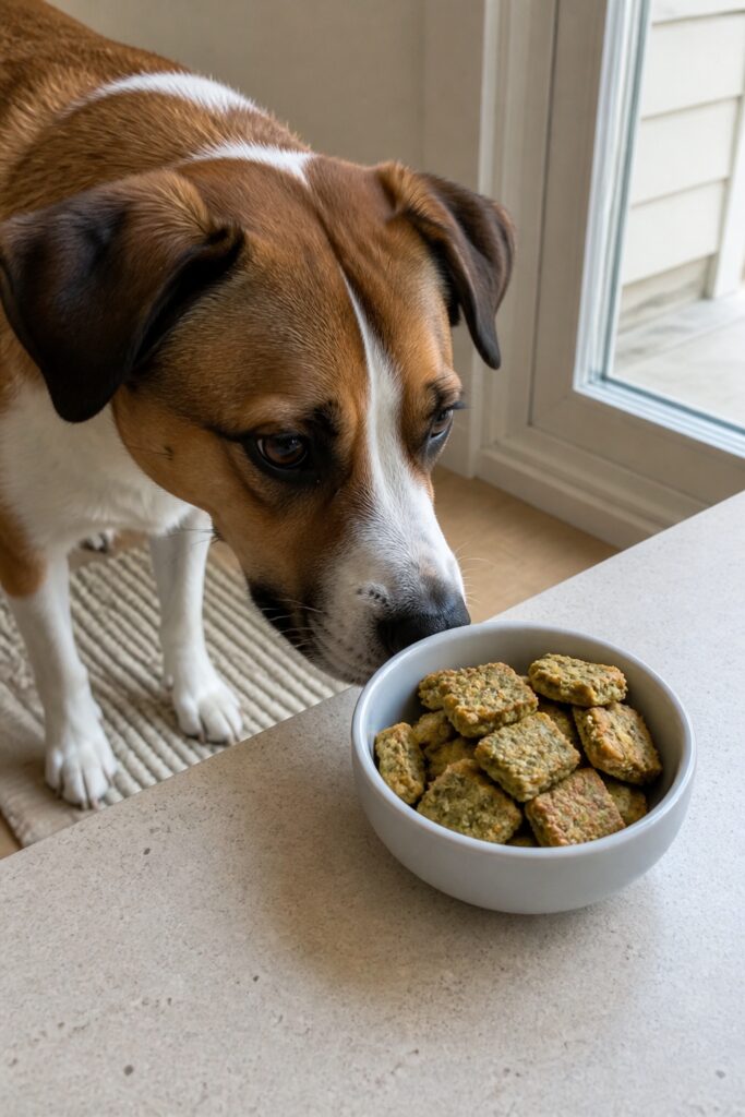 Same pet recipe photoshoot, same home kitchen, same natural window light, same smartphone camera sty
