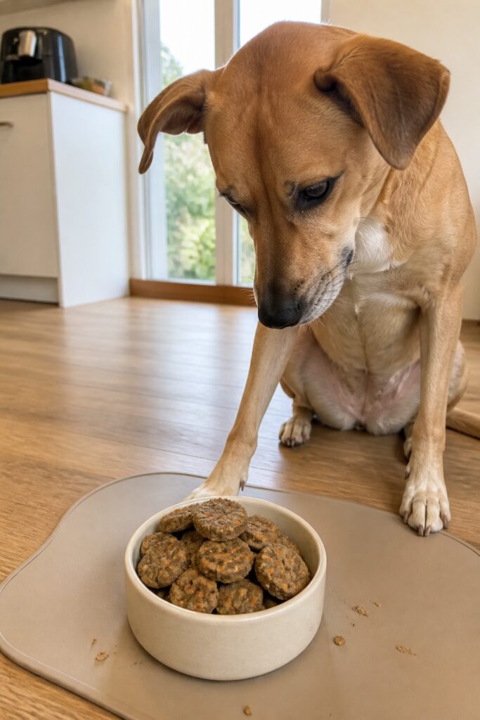 Same pet recipe photoshoot, same home kitchen, same natural window light, same smartphone camera sty