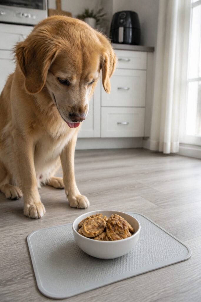 Same pet recipe photoshoot, same home kitchen, same natural window light, same smartphone camera sty