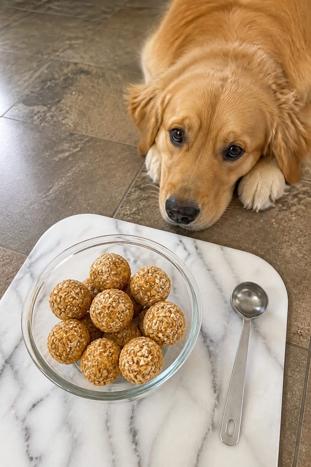 Same pet recipe photoshoot, same home kitchen, same natural window light, same smartphone camera sty