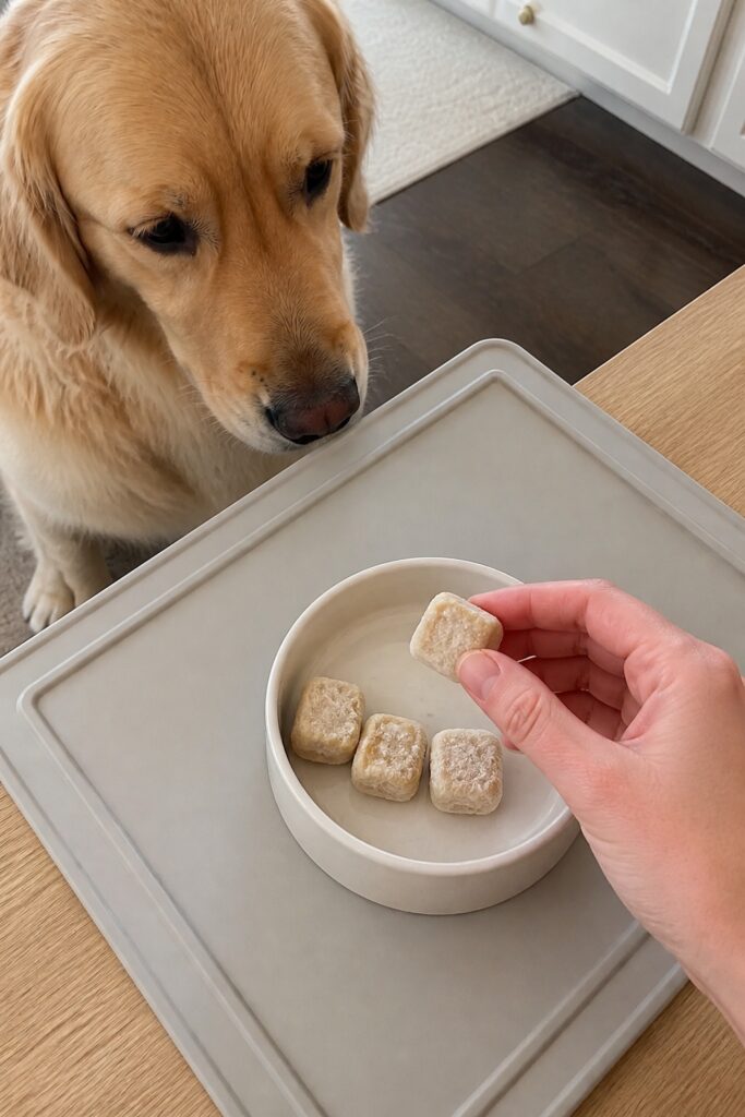 Same pet recipe photoshoot, same home kitchen, same natural window light, same smartphone camera sty