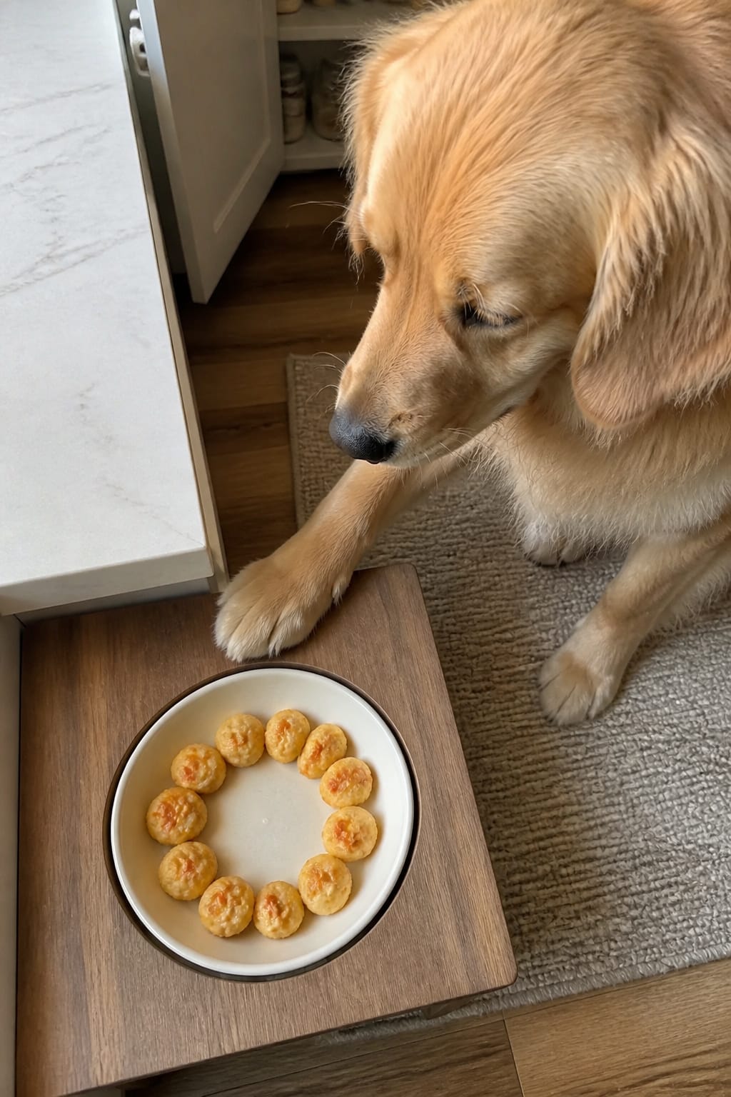 Same pet recipe photoshoot, same home kitchen, same natural window light, same smartphone camera sty