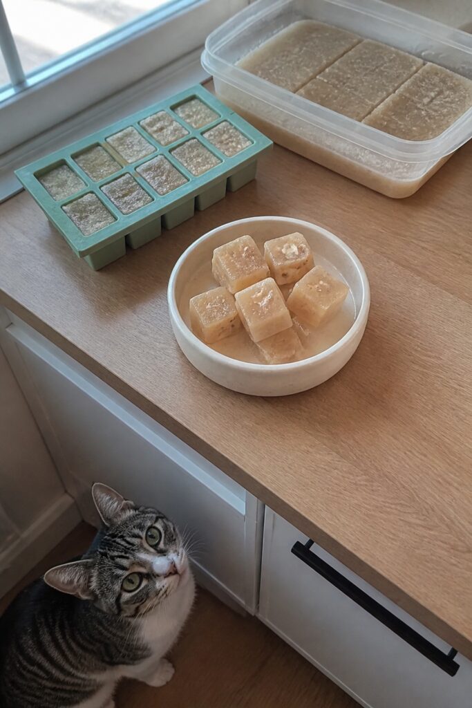 Same pet recipe photoshoot, same home kitchen, same natural window light, same smartphone camera sty